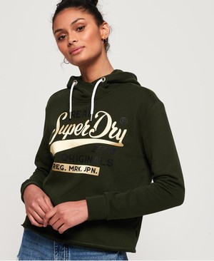 Superdry Real Originals Satin College Crop Női Kapucnis Pulóver Khaki | LWBTP0618